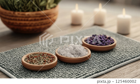 Three bowls of herbs and spices are arranged on a rug 125460002