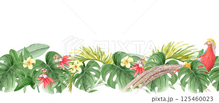Golden pheasant, passion flower, tropical foliage watercolor seamless border isolated on white. Hand drawn design element perfect for cards, banners, tape, textile, stationary design. Plant clipart Golden pheasant, passion flower, tropical foliage watercolor seamless border isolated on white. Hand drawn design element perfect for cards, banners, tape, textile, stationary design. Plant clipart 125460023