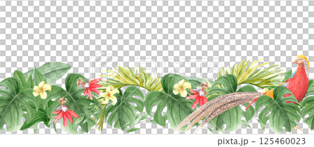 Golden pheasant, passion flower, tropical foliage watercolor seamless border isolated on white. Hand drawn design element perfect for cards, banners, tape, textile, stationary design. Plant clipart 125460023