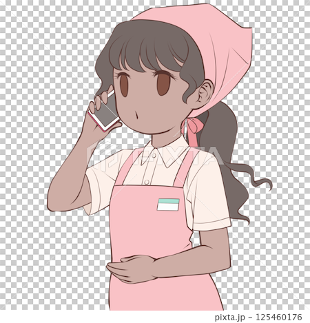 A dark-skinned female store clerk making a phone call on her smartphone - ringing A dark-skinned female store clerk making a phone call on her smartphone - ringing 125460176