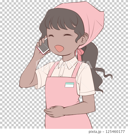 A dark-skinned female store clerk making a phone call on her smartphone, smiling 125460177