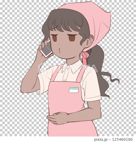 スマホで電話をかける褐色肌の女性店員・むくれる スマホで電話をかける褐色肌の女性店員・むくれる 125460180