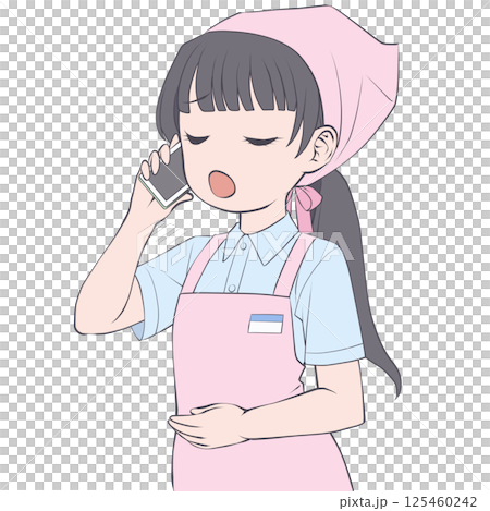 スマホで電話をかける黒髪の女性店員・呆れる スマホで電話をかける黒髪の女性店員・呆れる 125460242