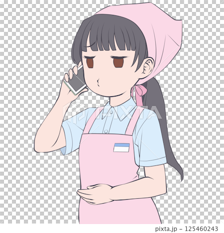 スマホで電話をかける黒髪の女性店員・むくれる 125460243
