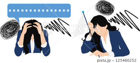 仕事で悩んでいる女性のイラストセット 仕事で悩んでいる女性のイラストセット 125460252