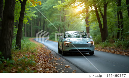 EV car, Electric car or hydrogen energy car on road midst forest and natural. Environmental friendly travel. 125460577