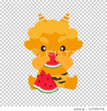 向量圖的黃色惡魔正在吃切片西瓜 向量圖的黃色惡魔正在吃切片西瓜 125460728