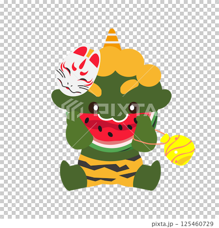 An illustration of a green demon wearing a fox mask and eating watermelon while holding a yo-yo 125460729