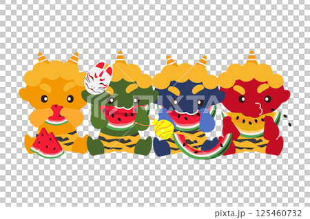 A colorful illustration of demons eating watermelon in a row 125460732
