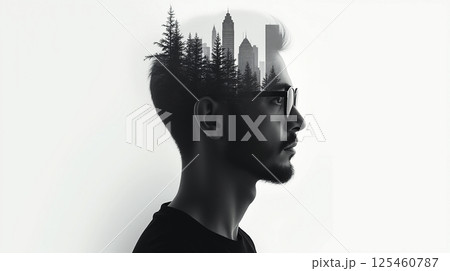 A profile image of a young man wearing glasses, made using the double exposure technique. A profile image of a young man wearing glasses, made using the double exposure technique. 125460787