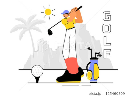 Golf Sport Vector Illustration Featuring Flags, Golf Cart, Clubs, Green Field, and Sand Bunker for Outdoor Fun and Active Lifestyle in Background 125460809