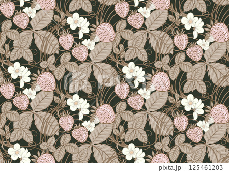 Strawberry. Branch with berries, leaves and flowers 125461203