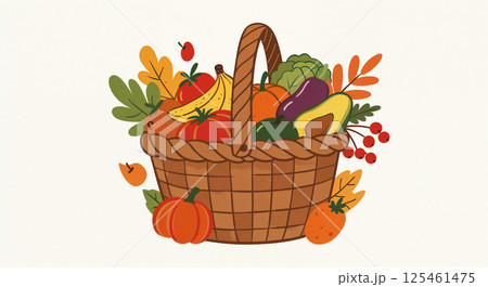 Wicker basket filled with colorful fruits and vegetables, including pumpkin, banana, avocado, tomato, and eggplant, surrounded by various autumn leaves and berries Wicker basket filled with colorful fruits and vegetables, including pumpkin, banana, avocado, tomato, and eggplant, surrounded by various autumn leaves and berries 125461475