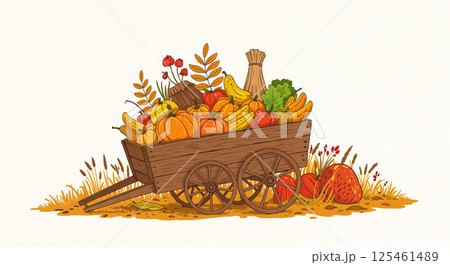 Wooden cart filled with autumn harvest featuring pumpkins, bananas, grapes, apples, strawberries, corn, greenery, and red flowers, surrounded by straw and plants 125461489