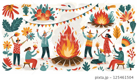 People in colorful clothing gather joyfully around a large bonfire holding flags and musical instruments. Decorative flowers and vibrant garlands fill the scene with festivity 125461504