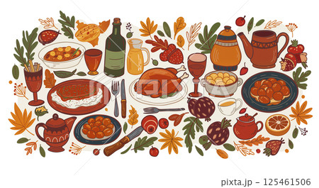 A lavish table of various dishes includes roast turkey, pies, beverages, fruits, and vegetables surrounded by autumn leaves. A delightful array of food for a festive gathering 125461506