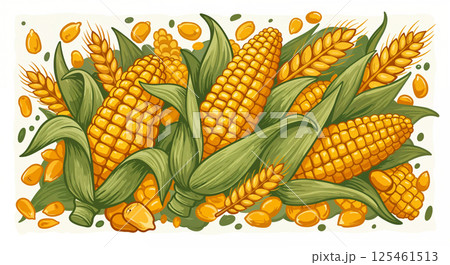 Illustration of vibrant yellow corn cobs with green husks, surrounded by scattered kernels and wheat-like elements, depicted in a stylized, artistic manner without background detail 125461513