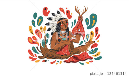 A person with a feather headdress holds a large piece of meat and antlers, surrounded by abstract colorful shapes. They sit near more meat and a stylized animal form A person with a feather headdress holds a large piece of meat and antlers, surrounded by abstract colorful shapes. They sit near more meat and a stylized animal form 125461514
