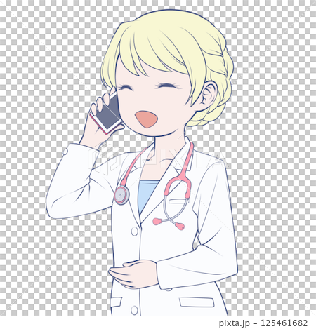 Blonde female doctor making a phone call on her smartphone, smiling 125461682