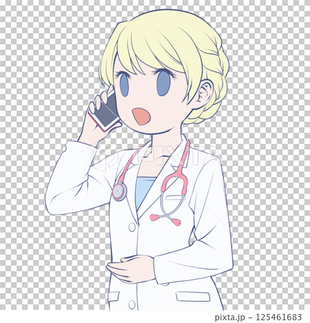 金髮女醫生用智慧型手機打電話，面帶微笑 125461683