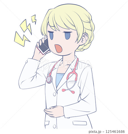 スマホで電話をかける金髪の女性医師・怒り スマホで電話をかける金髪の女性医師・怒り 125461686