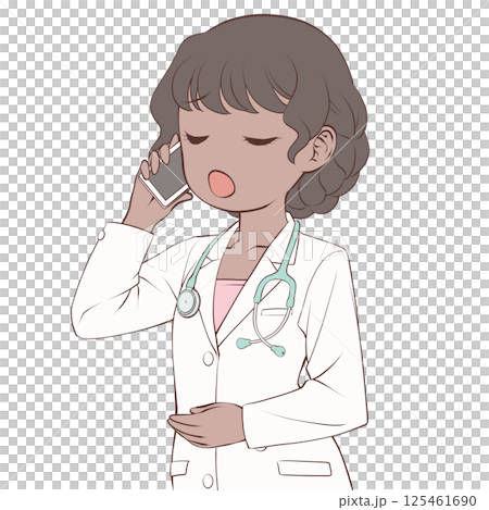 スマホで電話をかける褐色肌の女性医師・呆れる スマホで電話をかける褐色肌の女性医師・呆れる 125461690