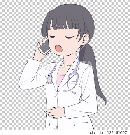 黑髮女醫生用智慧型手機打電話 — — 驚訝不已 黑髮女醫生用智慧型手機打電話 — — 驚訝不已 125461697