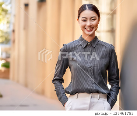 ジェンダーレスファッションの服を着た若いビジネスウーマンのイメージ素材 125461783