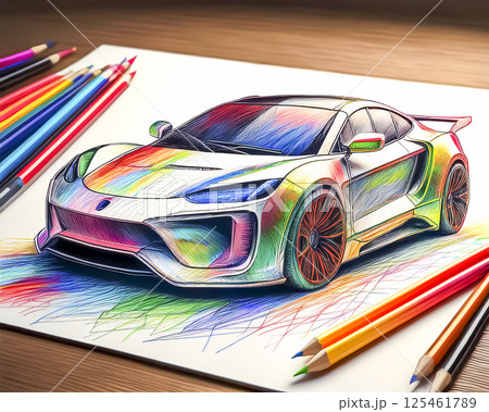 スポーツカーのデザイン画のイメージ素材　色鉛筆 125461789