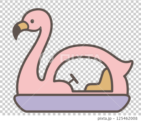 線條藝術風格向量插圖，描繪了一艘帶有可愛火烈鳥圖案的天鵝船 125462008