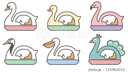 白鳥、アヒル、フラミンゴ、鶴、ペリカン、孔雀をモチーフとしたスワンボートの線画ベクターイラストセット 125462012