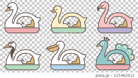 白鳥、アヒル、フラミンゴ、鶴、ペリカン、孔雀をモチーフとしたスワンボートの線画ベクターイラストセット 125462012