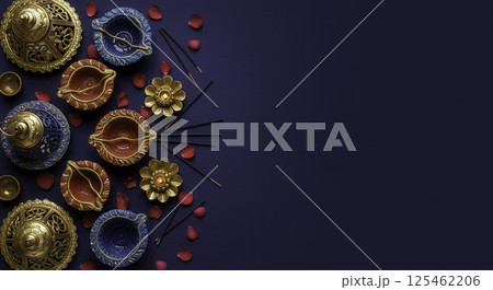 Overhead shot of Diwali decorations, including diyas, incense sticks, rose petals, and candle holders, arranged on a dark blue surface. Festive and cultural background with copy space. 125462206