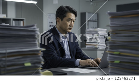 Asian office worker types on a laptop surrounded by stacks of paperwork. Concept of overwork, stress, and deadlines. Asian office worker types on a laptop surrounded by stacks of paperwork. Concept of overwork, stress, and deadlines. 125462271