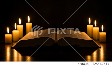 An open book lies on a wooden surface surrounded by seven lit candles casting a warm glow. The pages are partially visible, creating a cozy, serene atmosphere 125462315