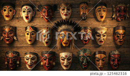 Collection of colorful tribal and traditional masks displayed on a wooden surface. Masks feature various exaggerated facial expressions, unique designs, and vibrant details 125462316