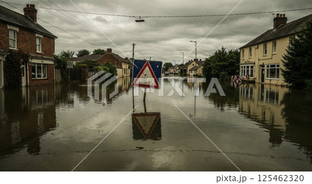 Flooded street in a residential area, water covers road up to houses, reflective warning sign with red triangle and exclamation mark, overcast sky, electric wires visible 125462320