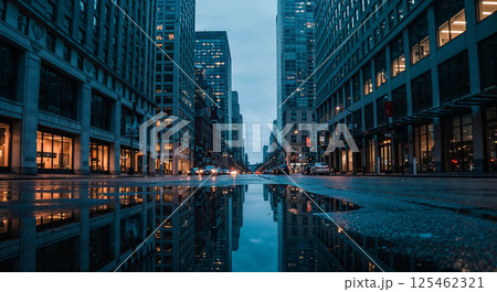 Urban street lined with tall buildings, car headlights illuminating the wet pavement, reflecting the skyscrapers and city lights in a large puddle, creating a symmetrical view Urban street lined with tall buildings, car headlights illuminating the wet pavement, reflecting the skyscrapers and city lights in a large puddle, creating a symmetrical view 125462321