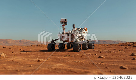 A robotic rover on a dusty, rocky landscape with six wheels and various sensors on a barren terrain under a clear blue sky, conveying a sense of exploration and technology 125462325