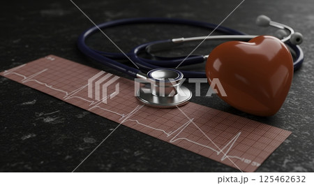 Stethoscope, heart, and electrocardiogram on a dark surface. Concept for cardiology, healthcare, medical checkup, and heart health. 125462632