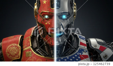 Futuristic robot split in half, one side with Chinese aesthetics and the other with American tech, representing AI rivalry and technological competition. 125462739