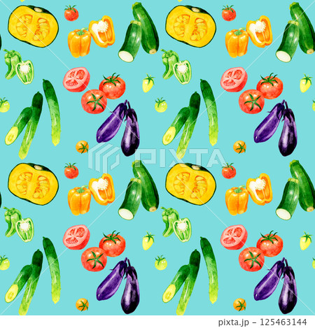 カラフルな夏野菜柄　手描き水彩イラスト素材 125463144