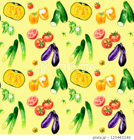 カラフルな夏野菜柄　手描き水彩イラスト素材 125463146