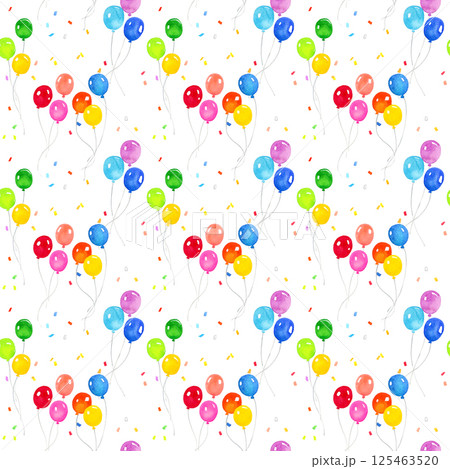 カラフルな風船と紙吹雪のパターン　手描き水彩イラスト背景素材 125463520