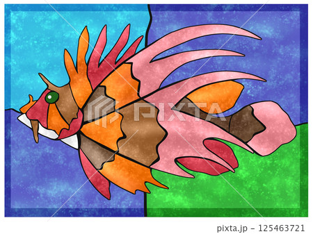 海水魚ミノカサゴのカラフルモザイク画風切り絵イラスト背景有り 海水魚ミノカサゴのカラフルモザイク画風切り絵イラスト背景有り 125463721