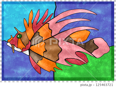 Colorful mosaic-style cut-out illustration of a saltwater fish lionfish with background 125463721