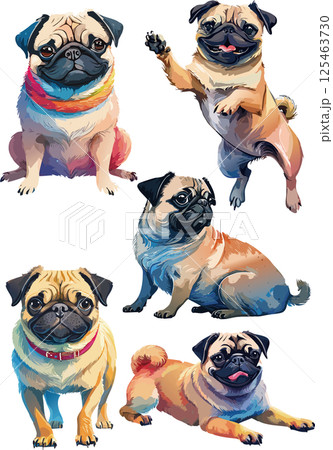 パグの水彩画イラストセット 125463730