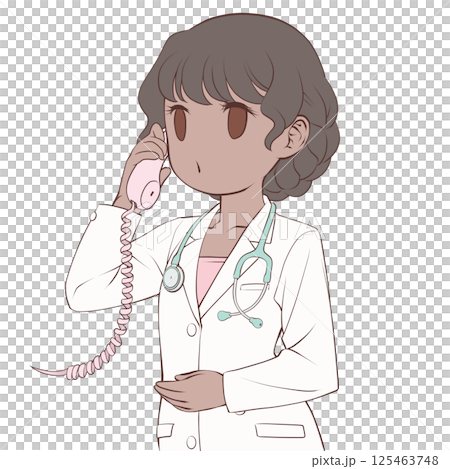 A dark-skinned female doctor talking on the phone, calling A dark-skinned female doctor talking on the phone, calling 125463748