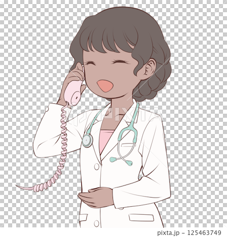 A dark-skinned female doctor talking on the phone, smiling 125463749