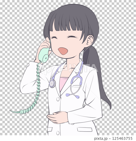 受話器を持って話す黒髪の女性医師・笑顔 受話器を持って話す黒髪の女性医師・笑顔 125463755